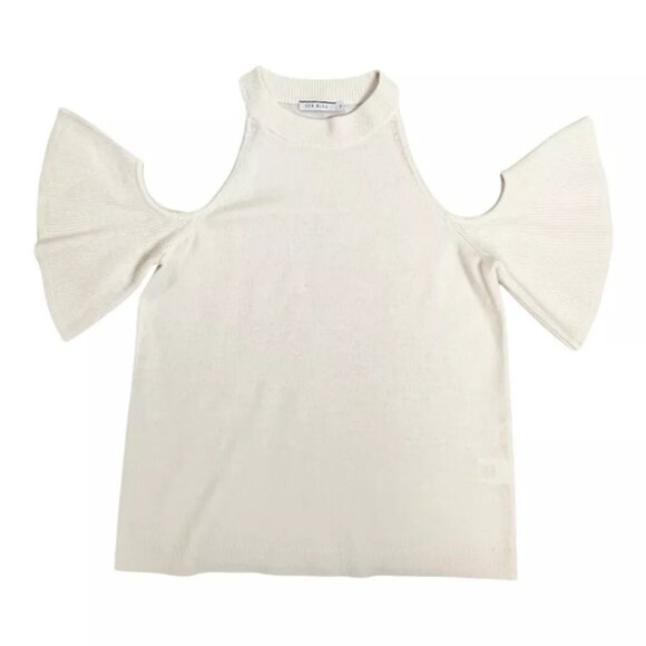 Sea Bleu Cashmere Sweater S Cold Shoulder Ruffle Short Sleeve Ivory High Neck - Picture 5 of 7